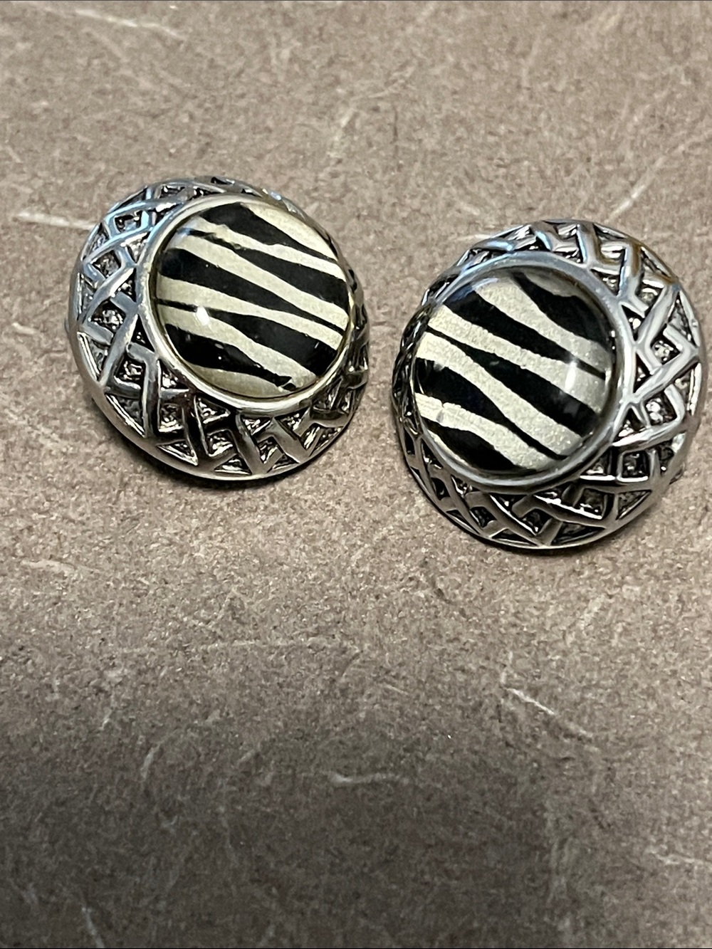 Silver tone Zebra Print Round Clip On Earrings - Black & White - Picture 3 of 5